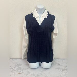 Sioni Milano Sweater Vest Women’s M Blue Ruffle Twofer Lacey Top NWT